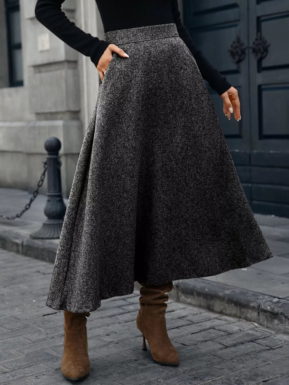 Dark Gray A-Line Long Skirt Pockets Elastic Wasit Flared Winter Quiet Luxury
